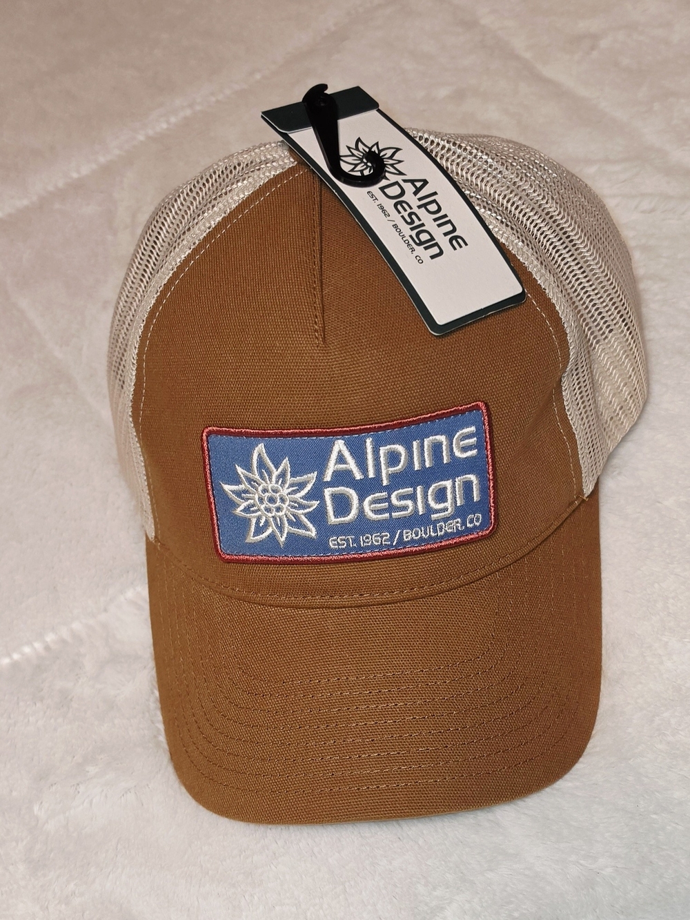 Alpine Design Brown and Cream Mesh Trucker Cap with Blue Patch (H1-24)